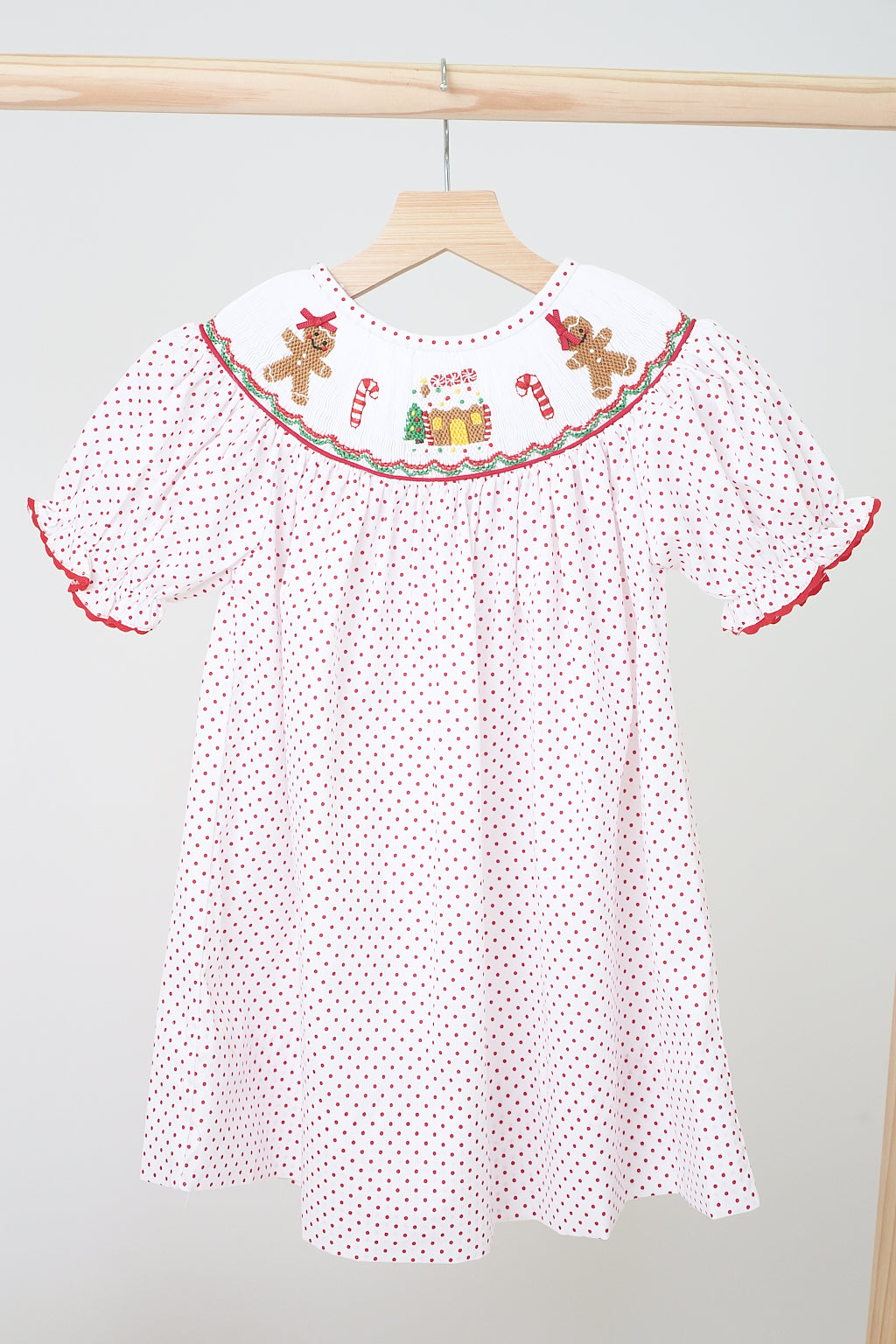 Red christmas gingerbread hand smocked dot dress