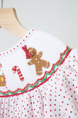 Red christmas gingerbread hand smocked dot dress