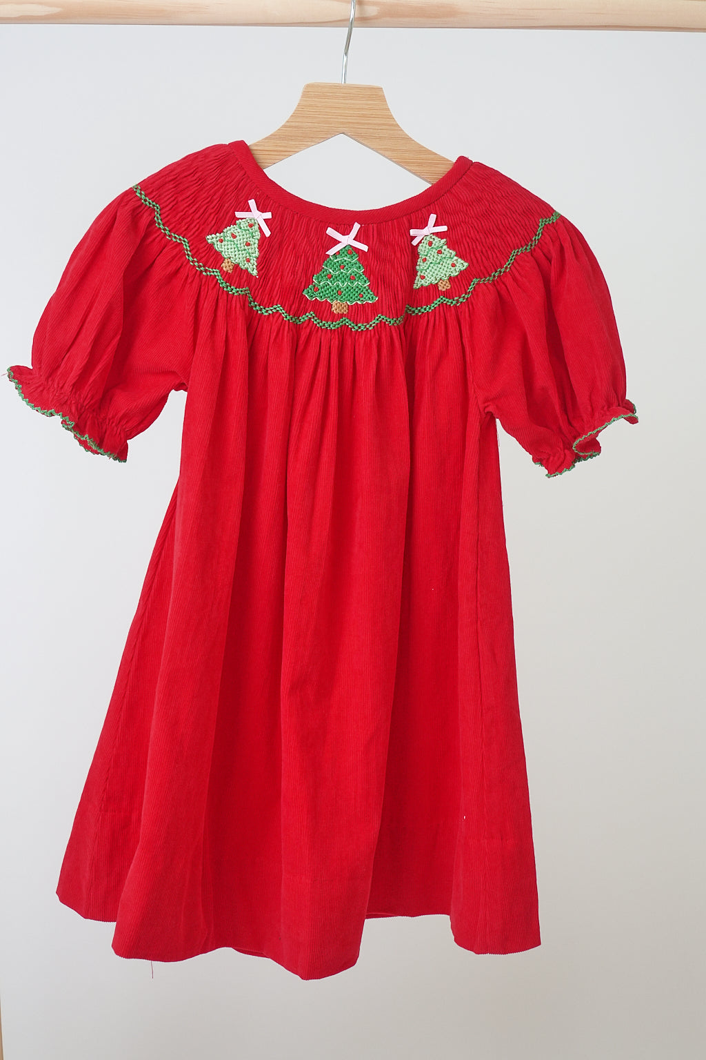 Red christmas tree hand smocked dress