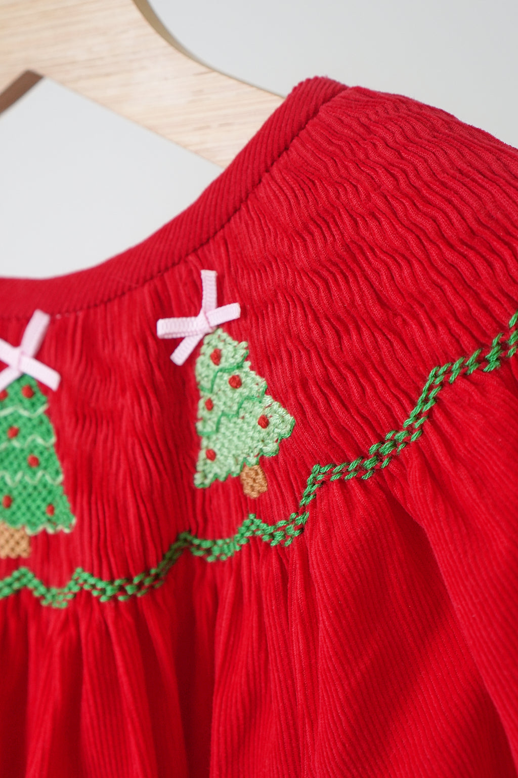 Red christmas tree hand smocked dress