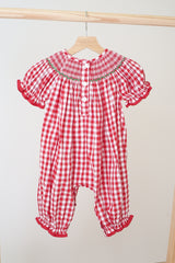 Red christmas tree hand smocked gingham romper