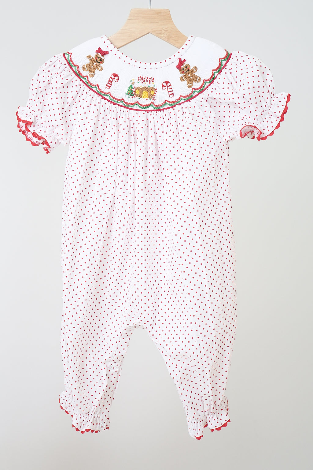 Red gingerbread hand smocked dot romper