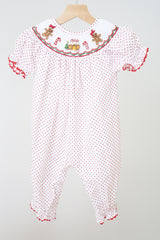 Red gingerbread hand smocked dot romper