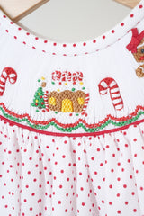 Red gingerbread hand smocked dot romper