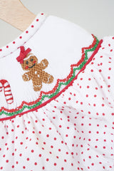 Red gingerbread hand smocked dot romper