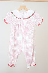 Red gingerbread hand smocked dot romper