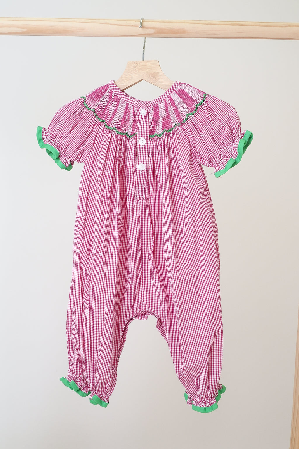 Pink joy hand smocked girl gingham romper