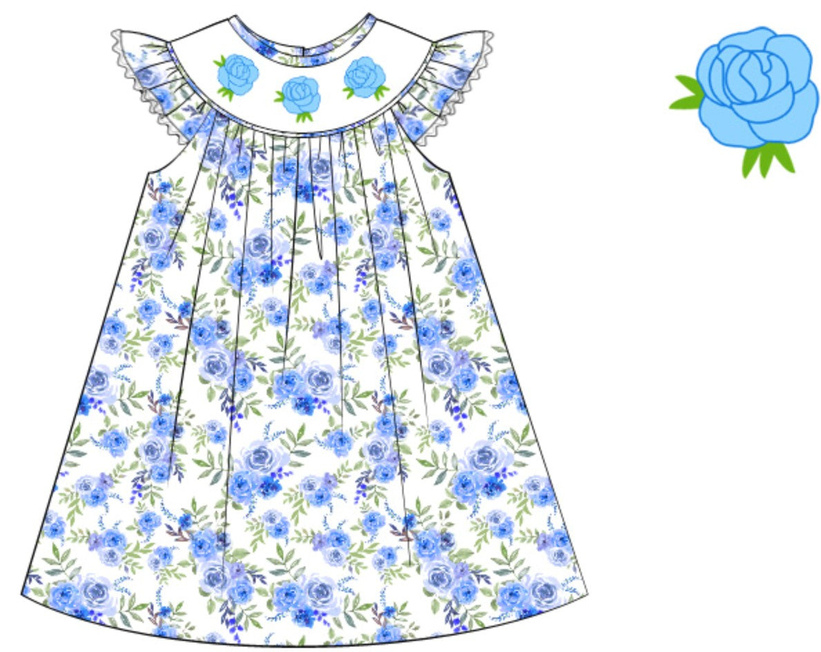 Blue rose hand smocked print dress