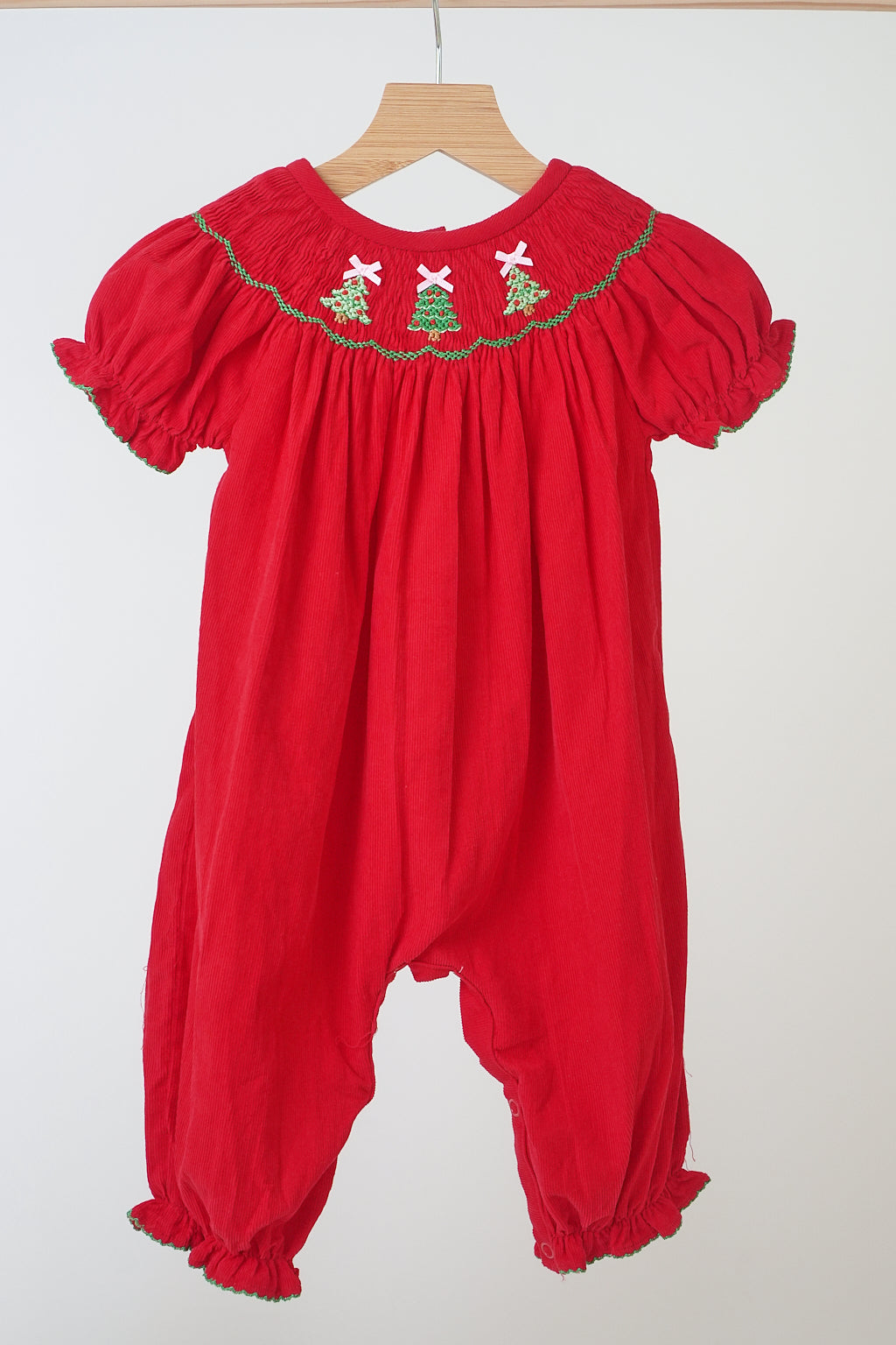 Red christmas tree hand smocked romper