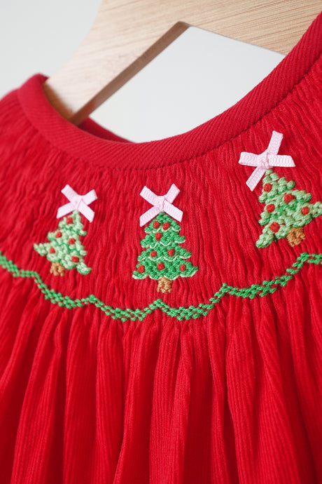 Red christmas tree hand smocked romper