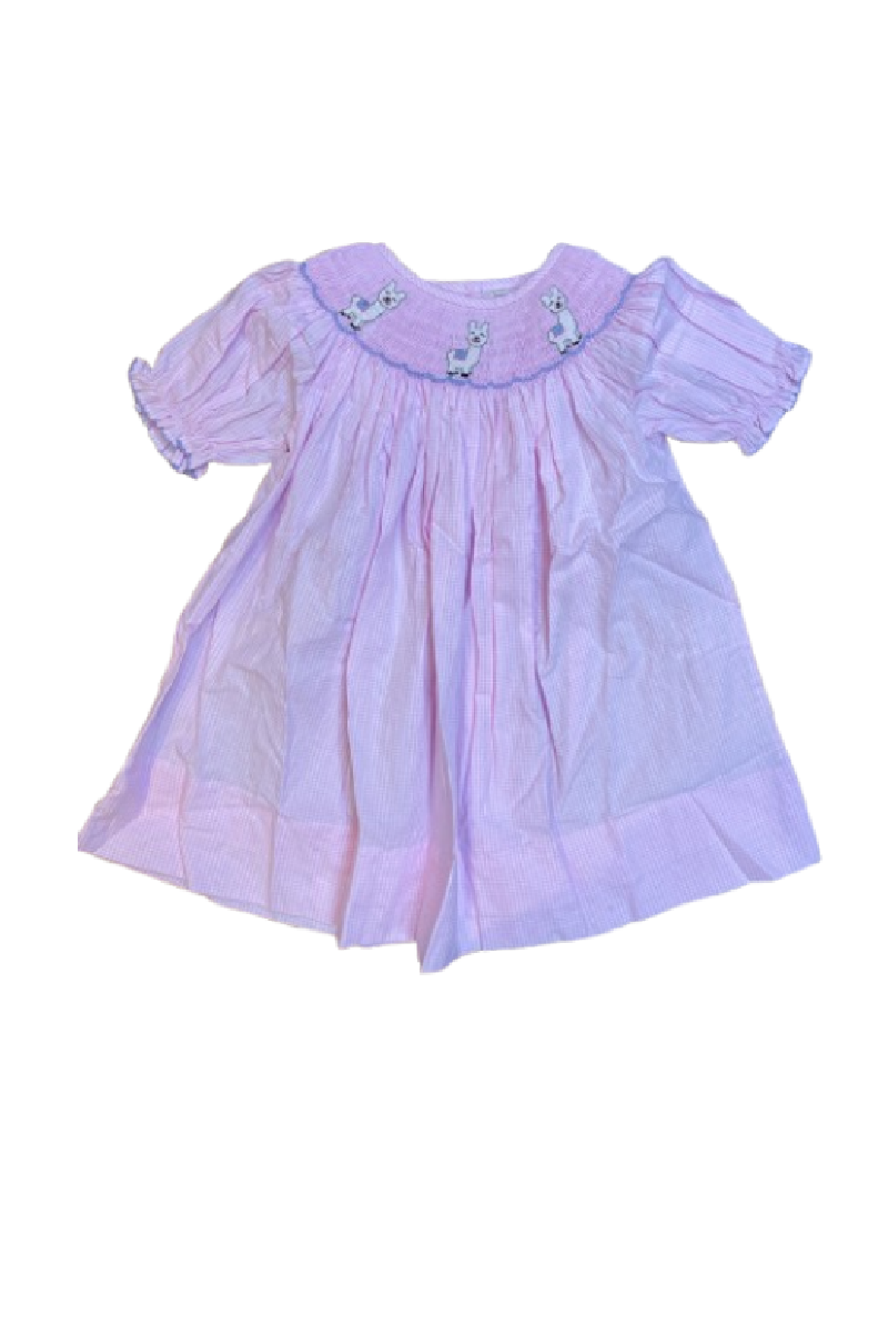 Pink alpaca hand smocked gingham dress