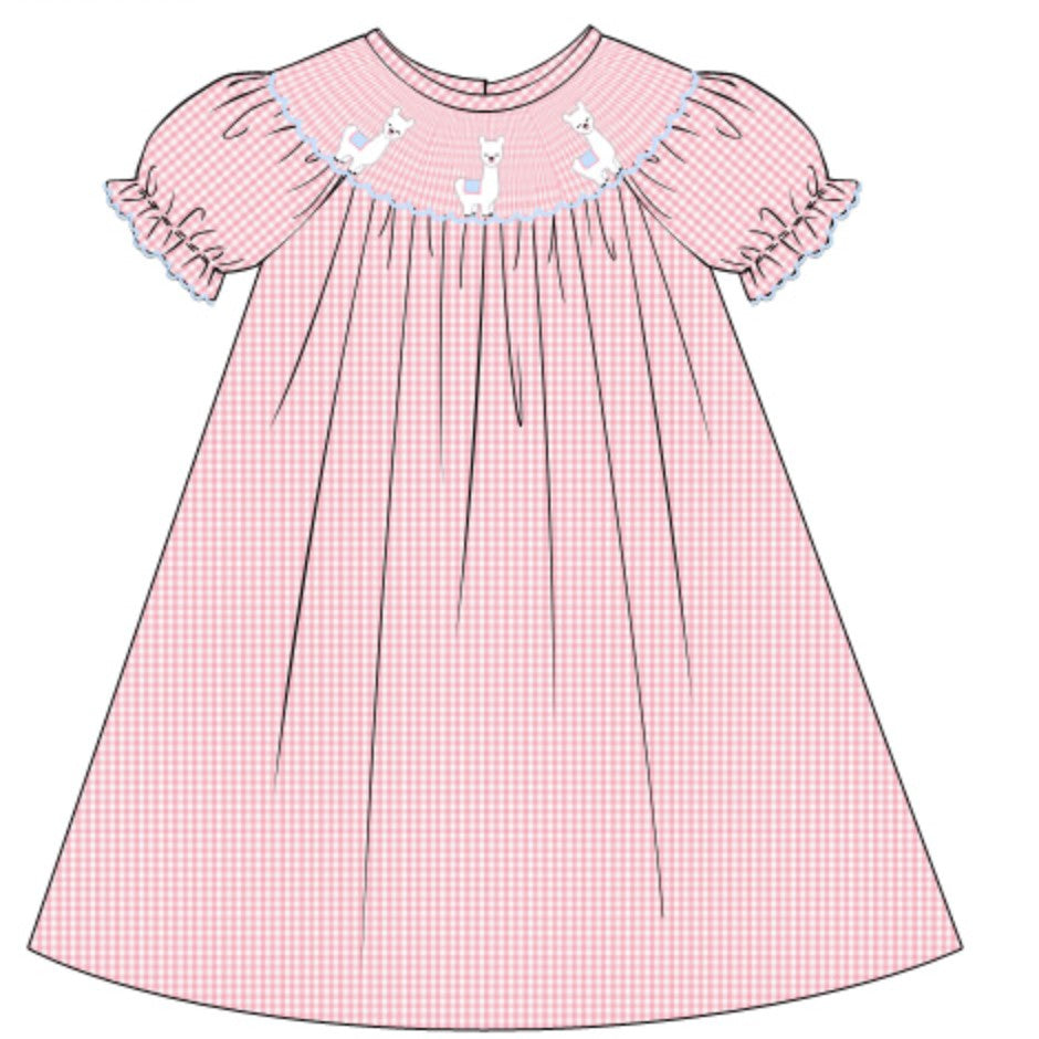 Pink alpaca hand smocked gingham dress