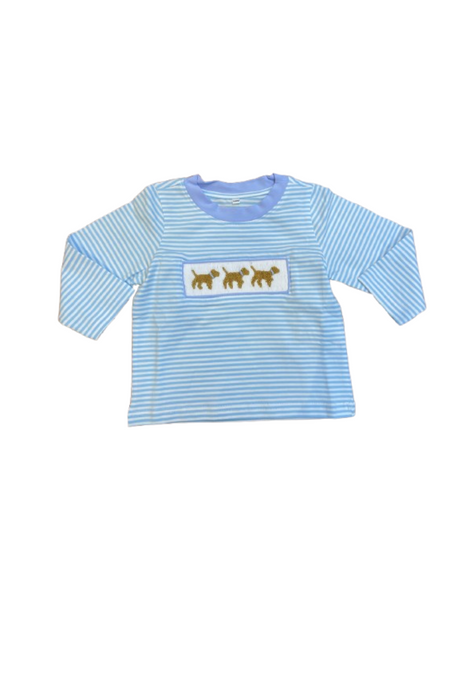 Blue puppy hand smocked boy stripe top