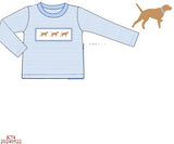 Blue puppy hand smocked boy stripe top