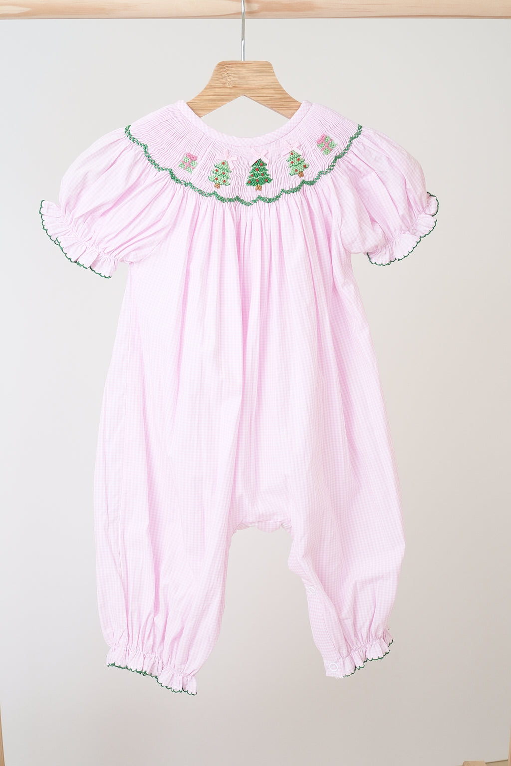 Pink christmas tree hand smocked gingham girl romper