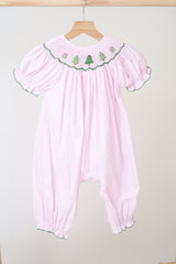 Pink christmas tree hand smocked gingham girl romper