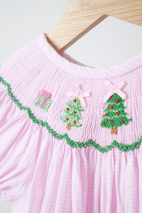 Pink christmas tree hand smocked gingham girl romper