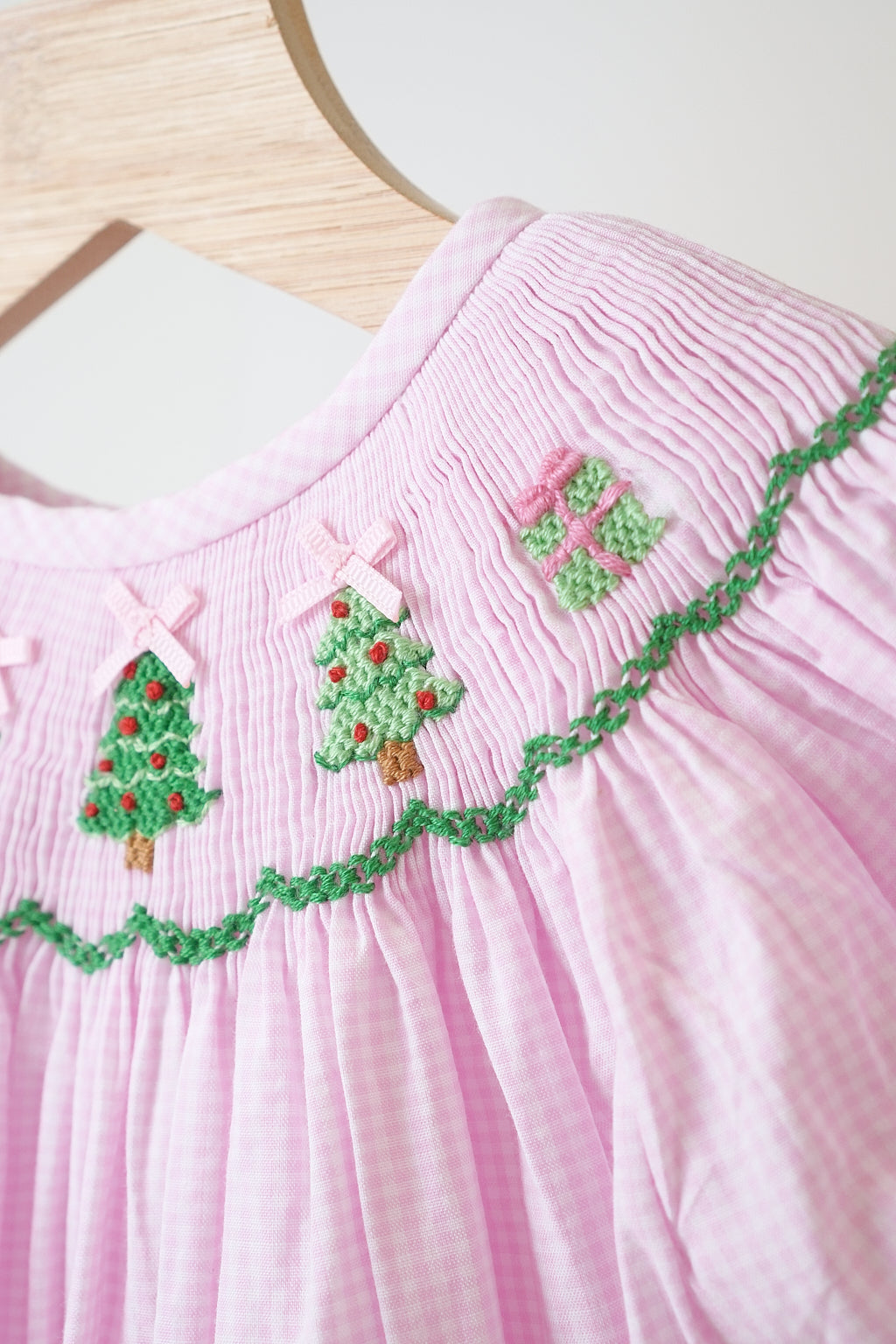 Pink christmas tree hand smocked gingham girl romper