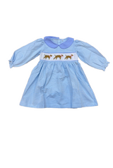 Blue puppy hand smocked stripe dress