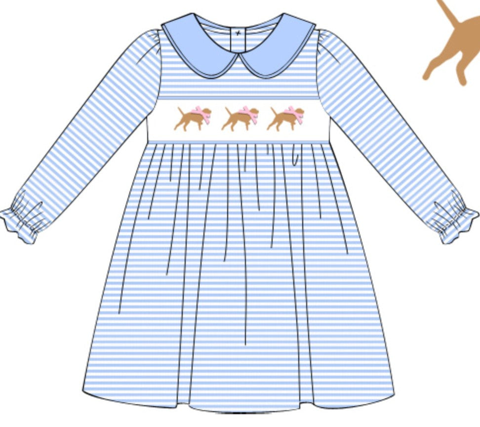 Blue puppy hand smocked stripe dress