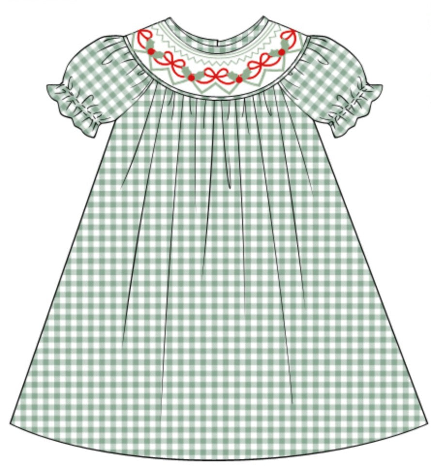 Green bow tie hand smocked gingham dress