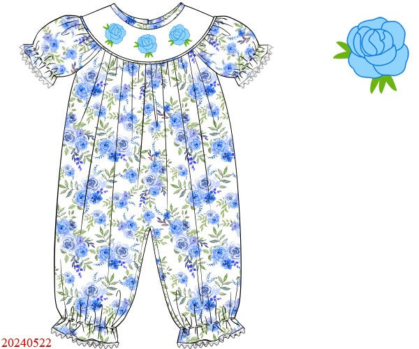 Blue rose hand smocked print girl romper