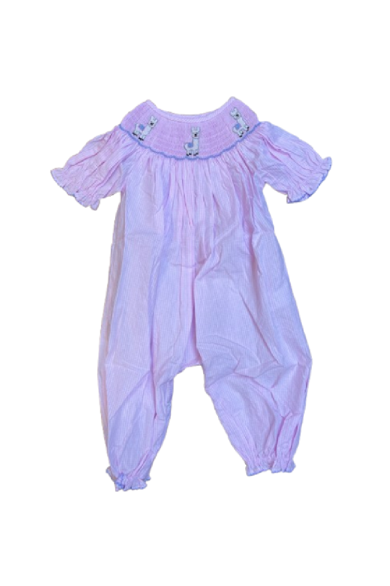 Pink alpaca hand smocked gingham girl romper