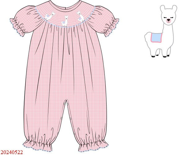 Pink alpaca hand smocked gingham girl romper