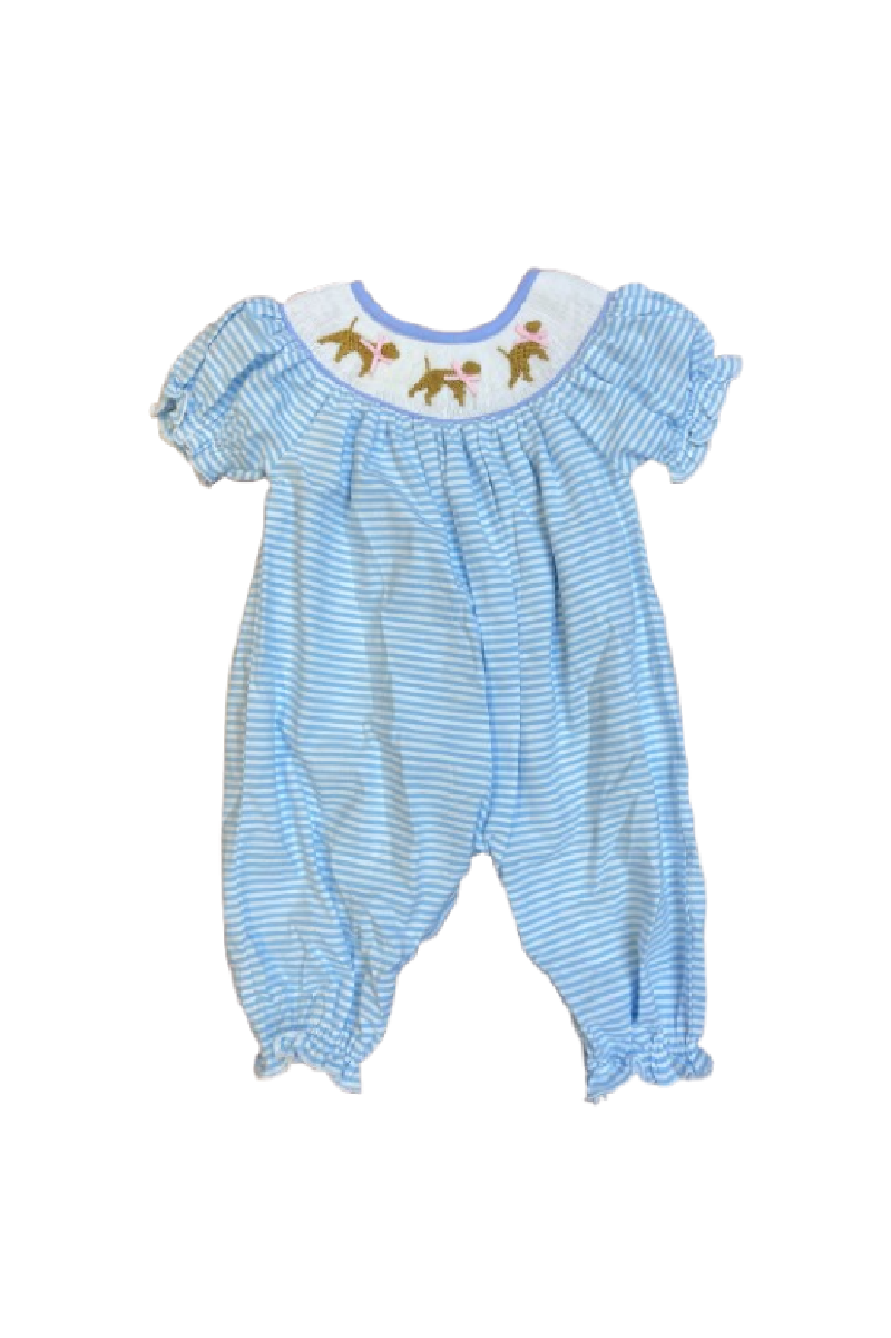 Blue puppy hand smocked girl romper