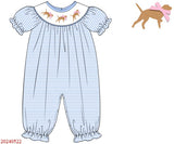 Blue puppy hand smocked girl romper