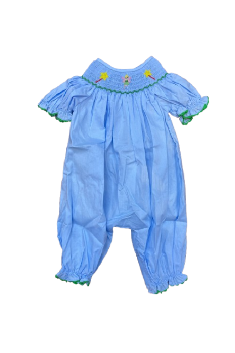 Blue fairy hand smocked gingham girl romper