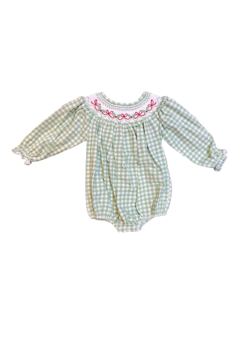 Green bow tie hand smocked gingham girl bubble