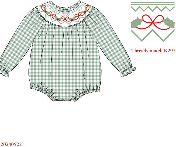 Green bow tie hand smocked gingham girl bubble