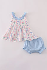 Blue floral bow ruffle bloomer set