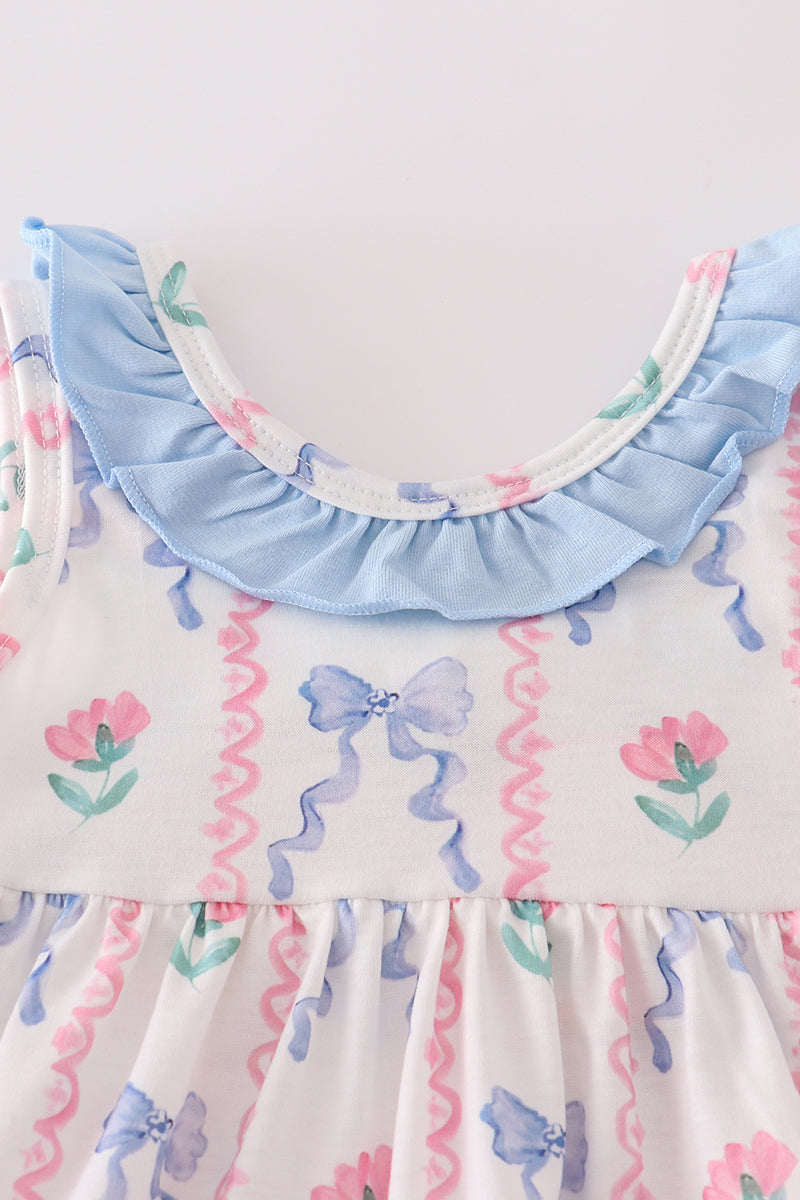 Blue floral bow ruffle bloomer set