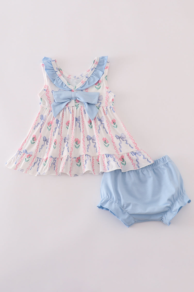 Blue floral bow ruffle bloomer set
