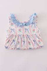 Blue floral bow ruffle shorts set