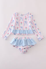 Blue floral bow rashguard 2pc swimsuit UPF50+