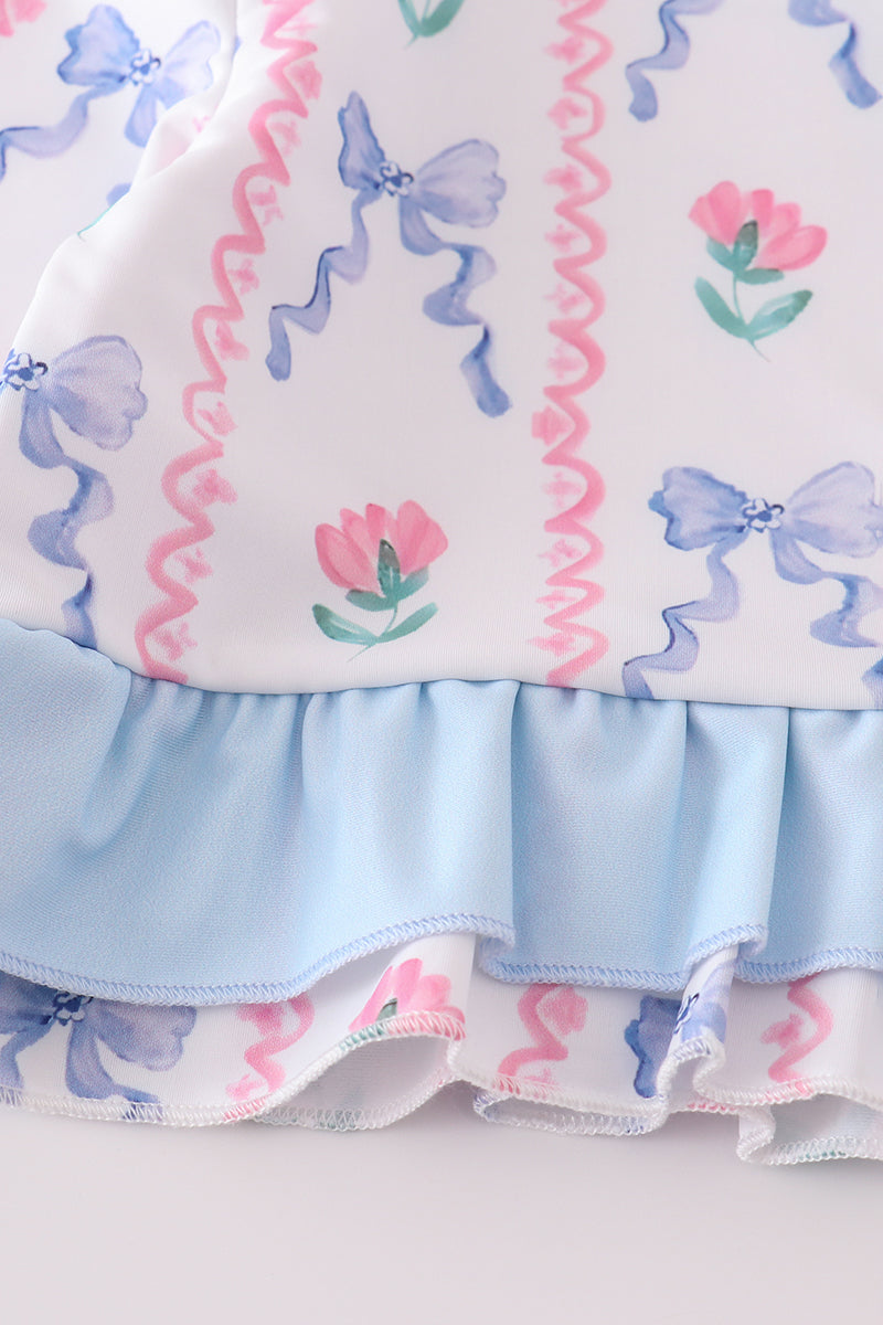 Blue floral bow rashguard 2pc swimsuit UPF50+