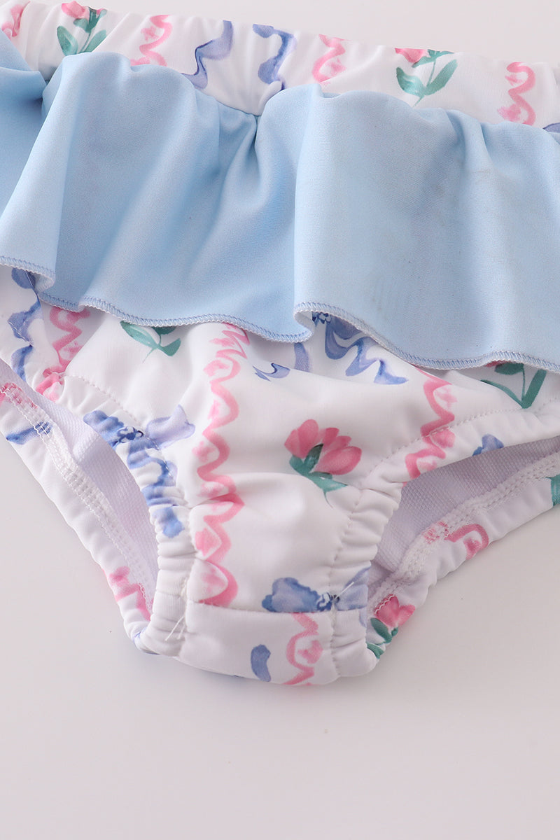 Blue floral bow rashguard 2pc swimsuit UPF50+