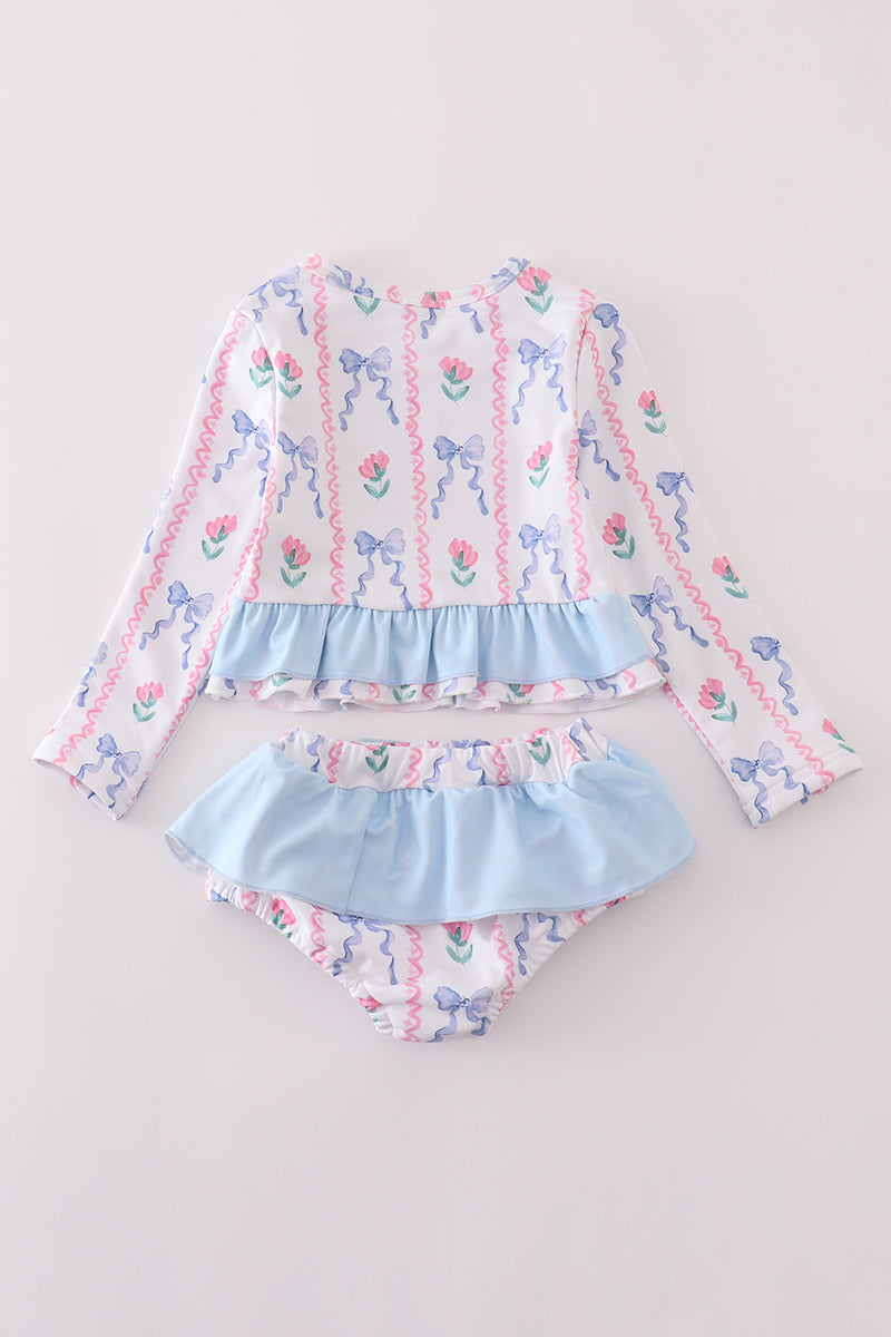 Blue floral bow rashguard 2pc swimsuit UPF50+