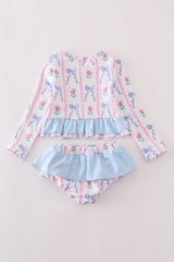 Blue floral bow rashguard 2pc swimsuit UPF50+