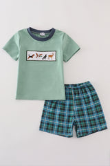 Green hunting embroidery plaid shorts set