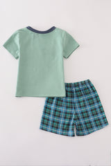 Green hunting embroidery plaid shorts set