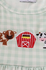 Green farm cow embroidery gingham ruffle dress