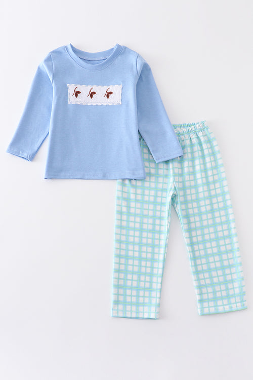Blue cotton embroidery plaid boy set