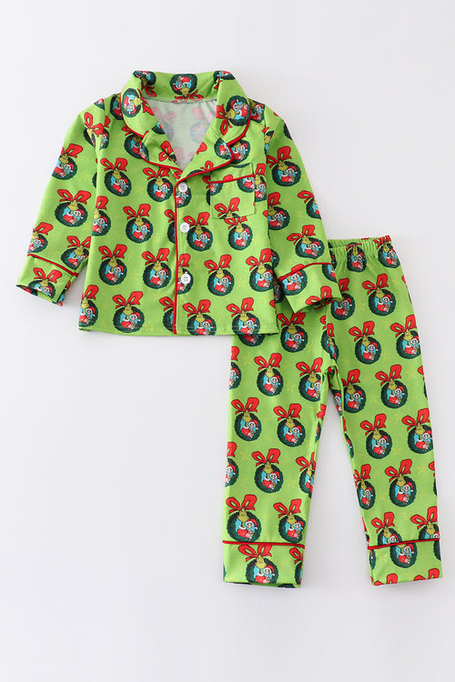 Green grinch print boy pajamas set