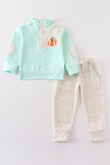 Yellow pumpkin embroidery boy set