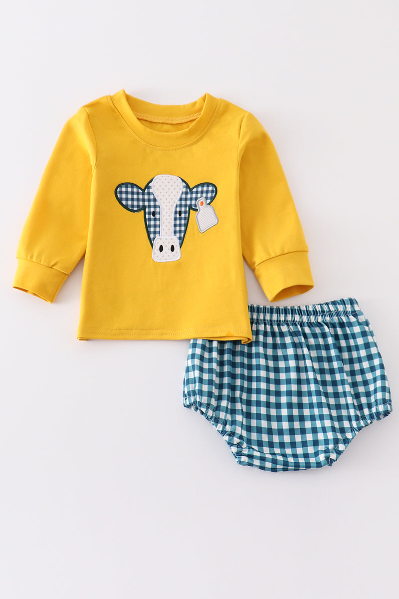 Mustard cow applique baby bloomers set