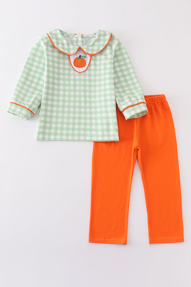 Pumpkin embroidery plaid boy set